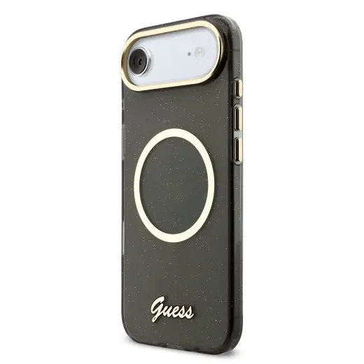 Guess IML Glitter Script Strap maciņš ar MagSafe atbalstu telefonam iPhone 17 Air melns