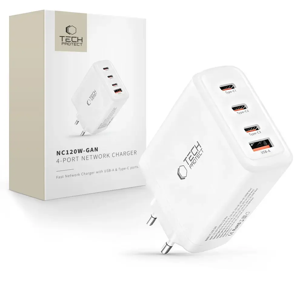 Tech-Protect NC120W-GAN tīkla lādētājs | 120W | PD, QC, GaN | USB-C, USB-A | balts