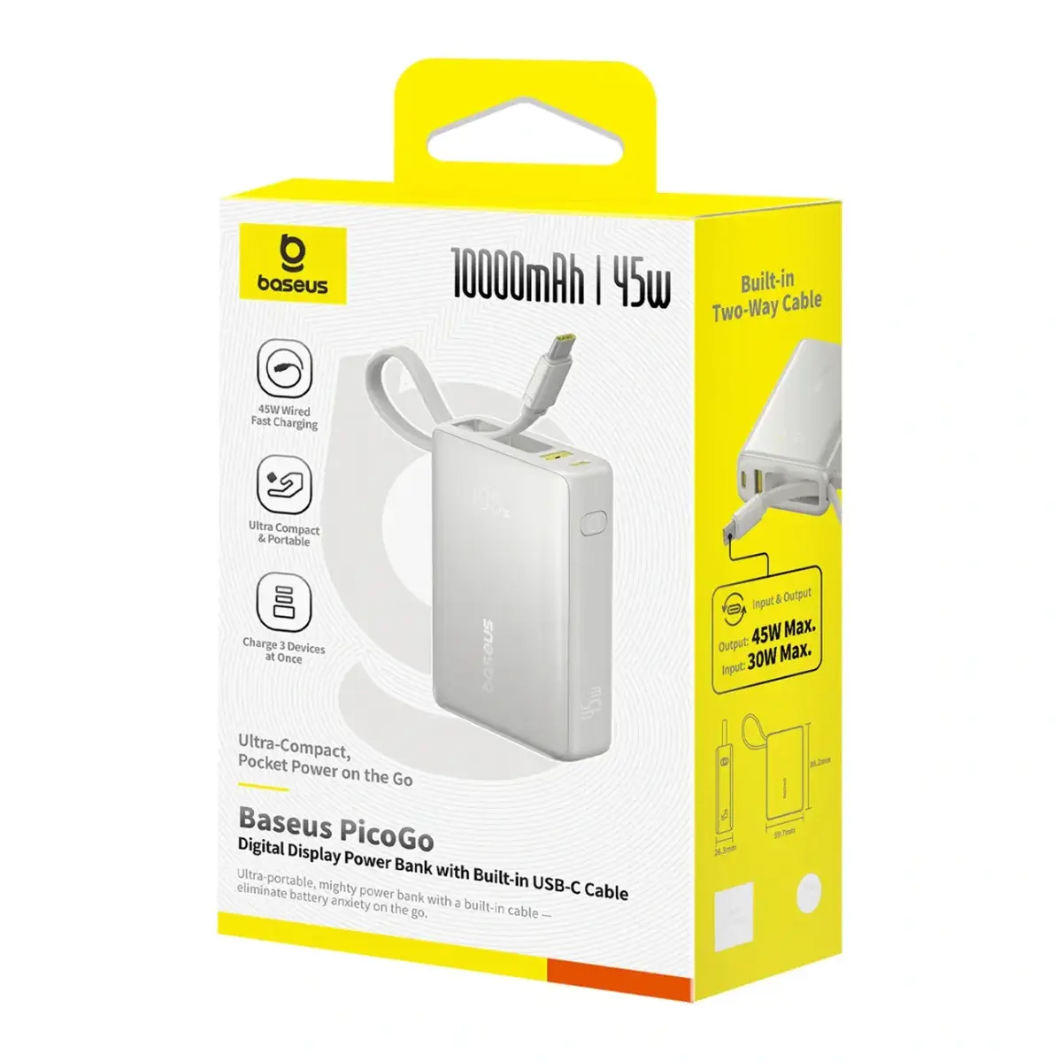 Baseus PicoGo 10000mAh 45W Powerbank with Digital Display and Built-in USB-C Cable - Titanium