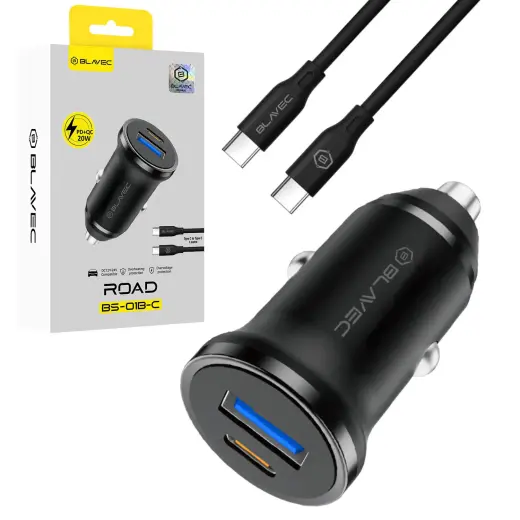 Blavec BS-01B-C Road auto lādētājs | 20W | PD, QC, PPS | USB-A, USB-C | ar USB-C uz USB-C vadu komplektā | melns
