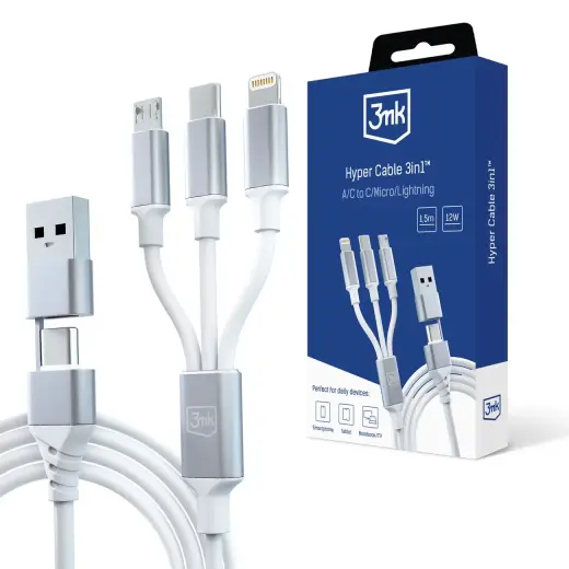 3mk Hyper Cable 3in1 data transfer and charging cable | USB-A to USB-C | 1.5m | white