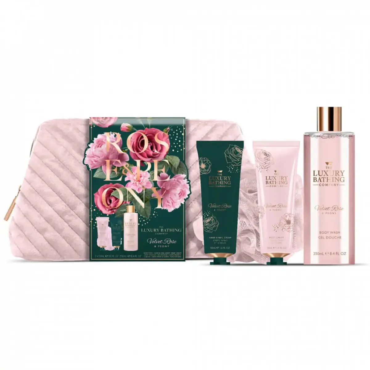 Set The Luxury Bathing Company: Velvet Rose & Peony, Cleansing & Refreshing, Shower Gel, For All Skin Types, 250 ml + Velvet Rose & Peony, Moisturizing, Hand Cream, 50 ml + The Luxury Bathing Company, Cleanse & Scrub, Body Sponge + The Luxury Bathing Company, Zippered, GWP Textile Pouch, Light Pink