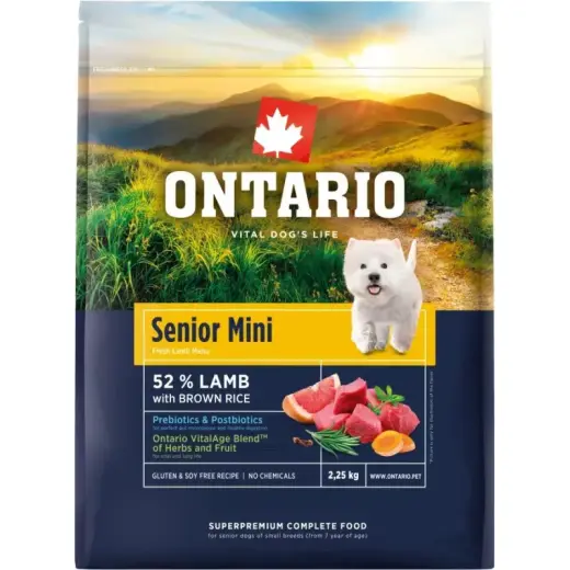 Barība suņiem – Ontario Senior Mini, Lamb and Brown Rice, 2,25 kg