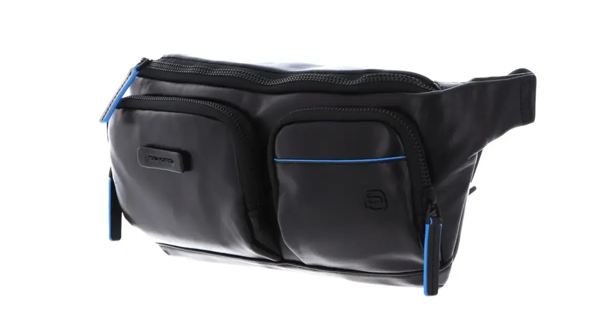 Piquadro, Blue Square, Genuine Leather, Textile Fanny Pack, Toiletry, CA5578B2V, Black, 32x14x7 cm, For Men