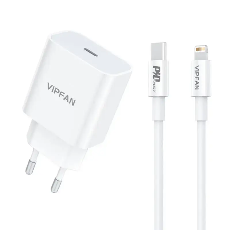 Vipfan E04 travel charger | 20W | QC3.0 | USB-C, Lightning | with Lightning cable included | white