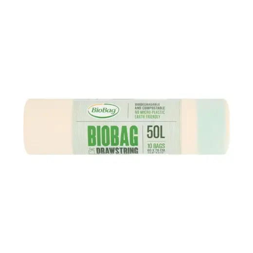 Atkritumu maisi savelkami ar aukliņu kompostējami BioBag 50L (10 gab. rullī) 25mkr. 60x70cm zaļi
