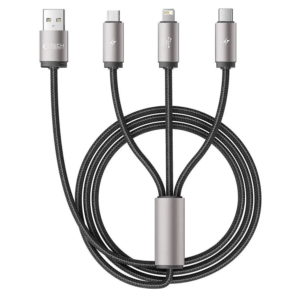 Tech-Protect UltraBoost 3-in-1 datu pārraides un uzlādes vads | USB-A uz USB-C, Lightning, Micro USB | 17.5W | 1m | pelēks