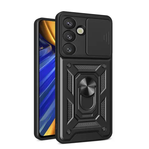 Hybrid Armor Camshield telefono dėklas su stovu Samsung Galaxy S25 (S931) juodas (su kameros apsauga)