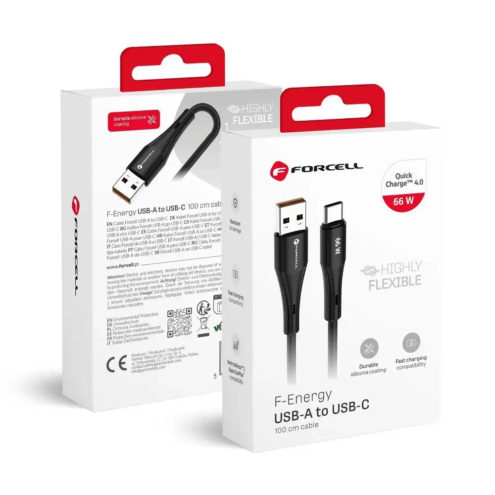 Forcell F-Energy C342 datu pārraides un uzlādes vads | USB-A uz USB-C | QC 4.0 | 66W | 1m | melns