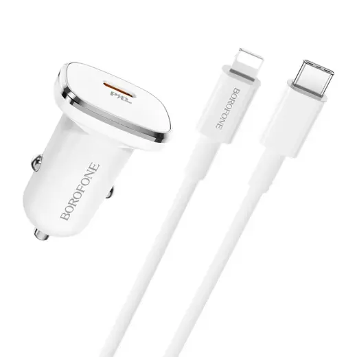Borofone BZ12B car charger | 18W | PD, QC | USB-C, Lightning | with Lightning cable included | white