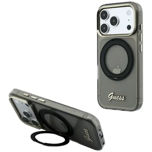 Guess IML Ring Stand 360 Script Metal Logo telefono dėklas su stovu ir MagSafe palaikymu telefonui iPhone 17 Pro Max | iPhone 18 Pro Max juodas