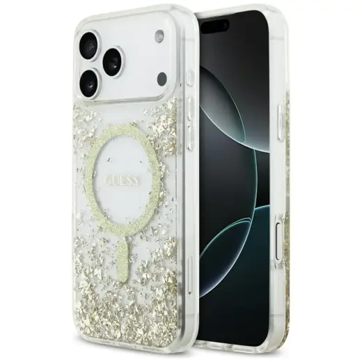 Guess Resin Bottom Glitter MagSafe case for iPhone 17 Pro Max gold