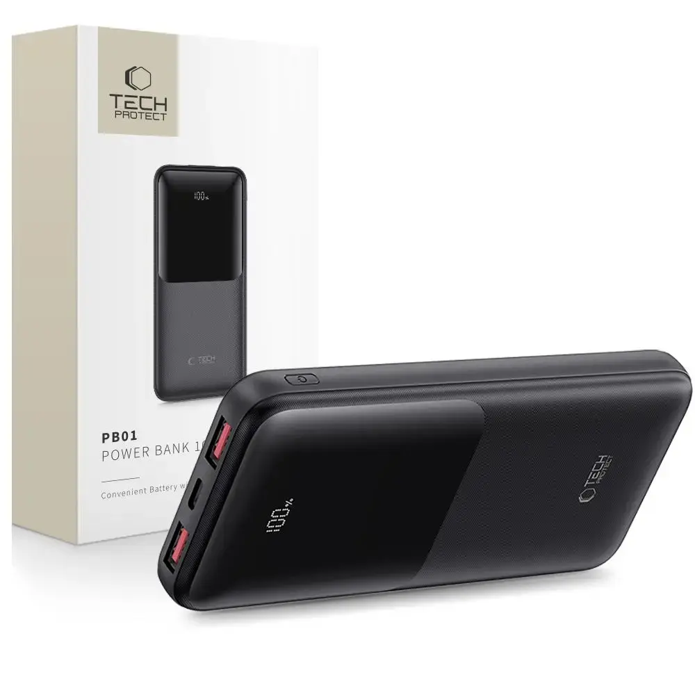 Tech-Protect PB01 ārējais akumulators (powerbank) | 10000 mAh | 22.5W | USB-A, USB-C | LED ekrāns | melns