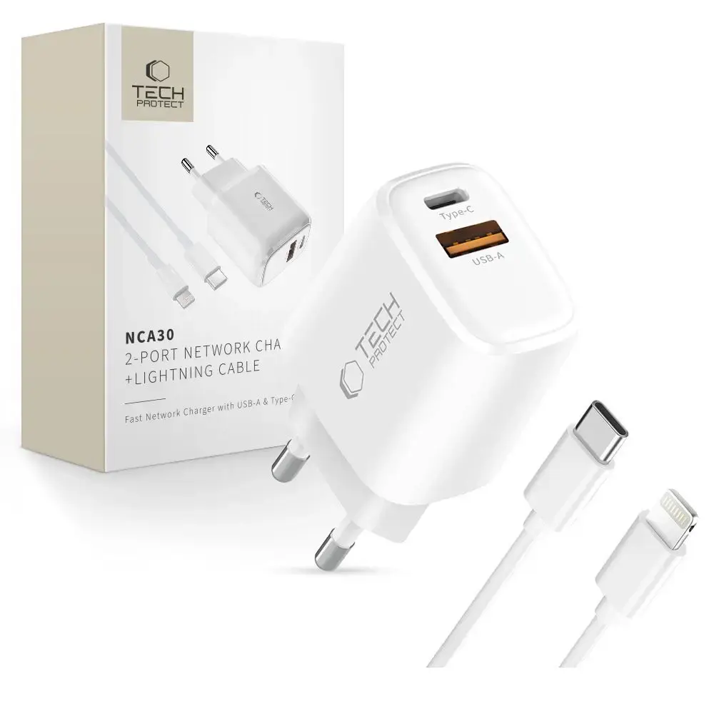 Tech-Protect NCA30 tīkla lādētājs | 30W | PD, QC | USB-A, USB-C, Lightning | ar USB-C uz Lightning vadu komplektā | balts
