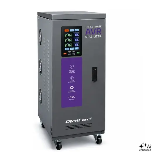 Qoltec Three-phase AVR MULTIPROTECTION voltage stabiliser | 15kVA | Accuracy ± 3% | 3-phase servo motor | LCD