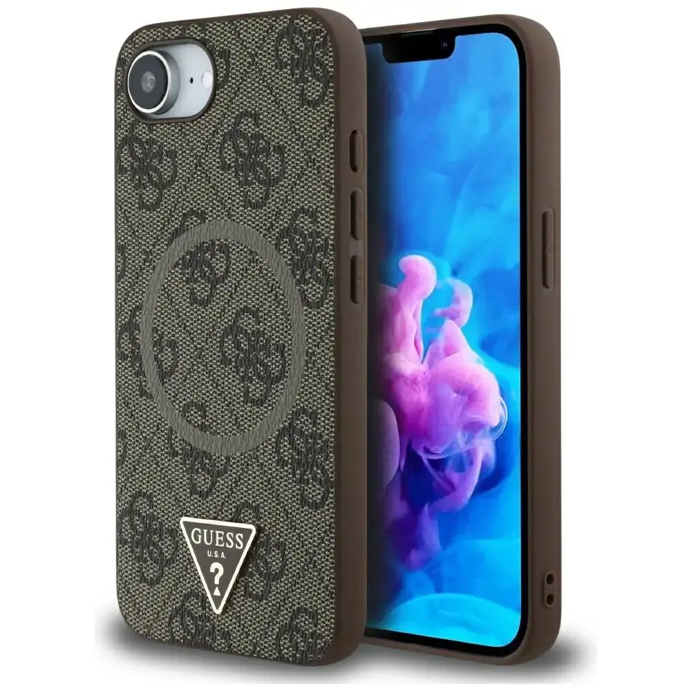 Case Guess 4G Ring Triangle Logo MagSafe for iPhone 16e brown
