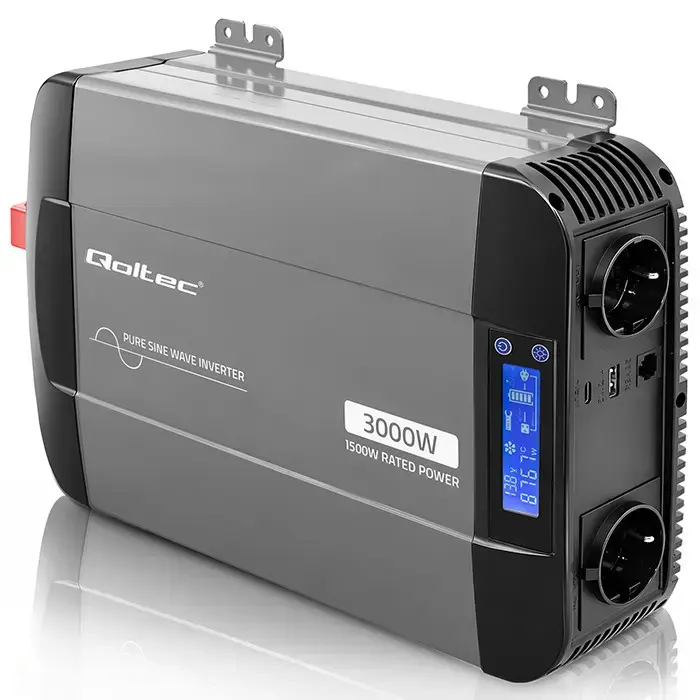 Qoltec Pure Sine Wave Inverter | 12V to 230V | 1500/3000W | LCD | USB | USC-C | Compatible with LiFePO4 GEL AGM