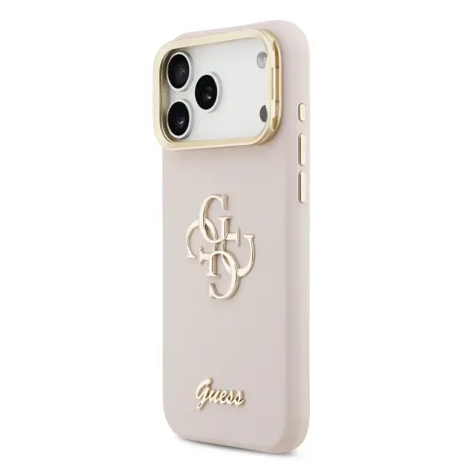 Guess PU Grained 4G Logo Stand Camera Frame Case for iPhone 17 Pro Max Pink