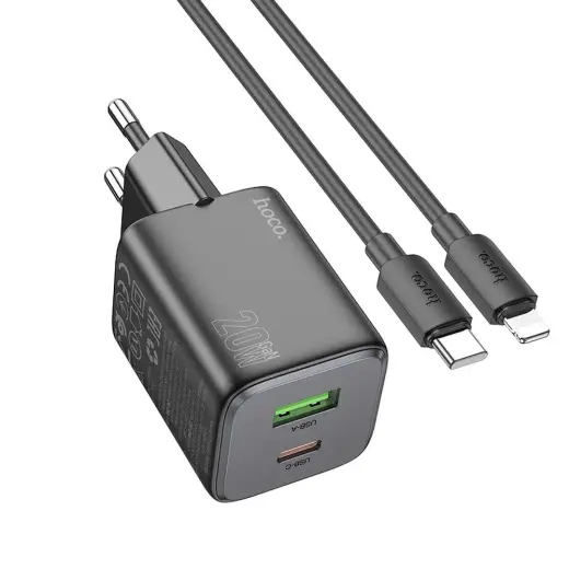 HOCO N41 reisilaadija | 20W | PD, QC, GaN, PPS | USB-C, USB-A | USB-C kuni Lightning kaabliga komplektis | must