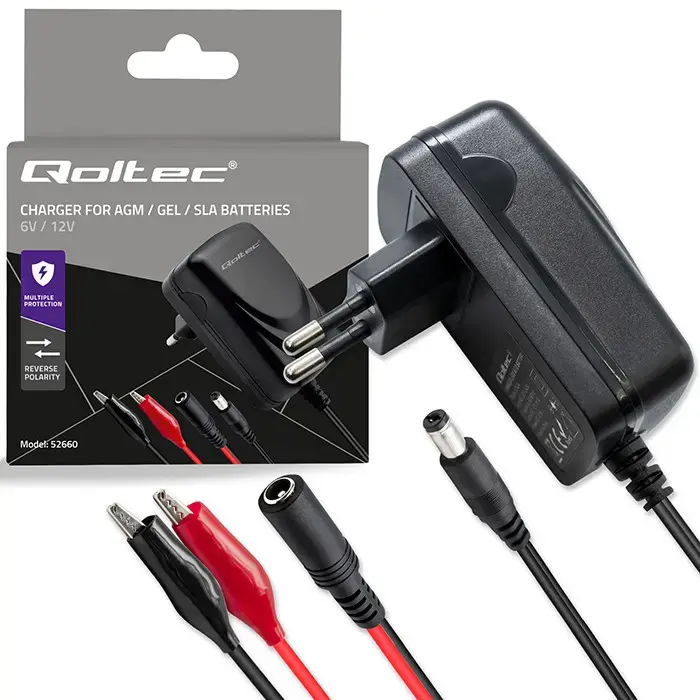 Qoltec 52660 automātiskais lādētājs AGM GEL STD akumulatoriem | 6V/12V lādētājs | 6W | 5,5x2,1 | 1,8m kabelis