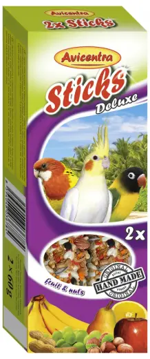 Papildbarība putniem – Avicentra Sticks fruit, nutty for small parrots, 2 x 60 g