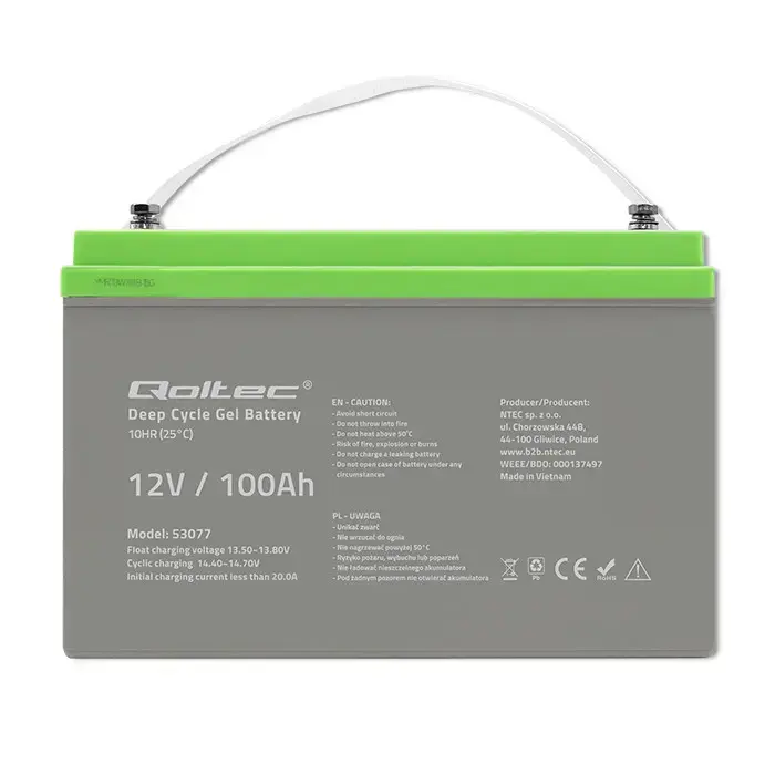 Qoltec Deep Cycle Gel Battery | 12V | 100Ah | 30.5kg | Maintenance-free | Professional | LongLife | PV, UPS, camper