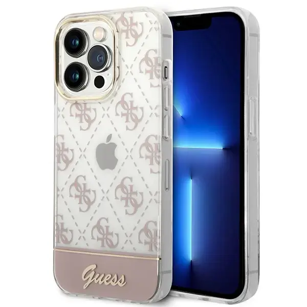 Guess PC|TPU Peony Glitter Script Logo Case for iPhone 14 Pro Max Pink
