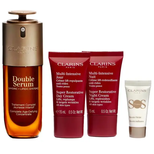 Set Clarins: Super Restorative, Reparative, Day, Cream, For Face, 15 ml + Super Restorative, Reparative, Night, Cream, For Face, 15 ml + Double, Anti-Ageing, Serum, For Face, 50 ml + S.O.S., Moisturizing, Liquid Primer, 5 ml *Miniature