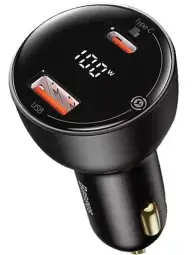 Baseus Superme auto lādētājs TZCCZX-01 | 100W | PD, QC, PPS | USB-A, USB-C | ar USB-C uz USB-C vadu komplektā | ar LCD ekrānu | melns