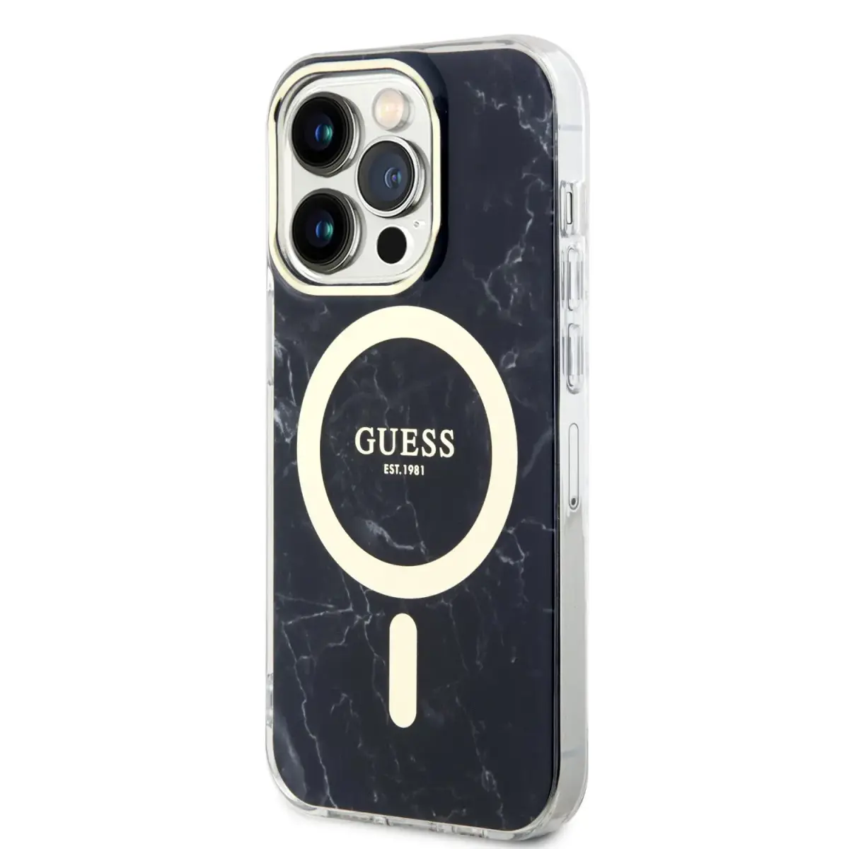 Guess IML Marble MagSafe telefona maciņš iPhone 13 Pro melnā