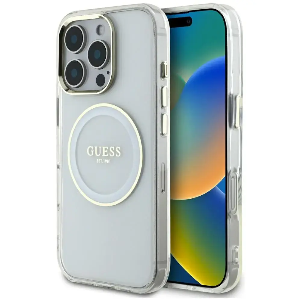 Guess IML Metāla Krāsains Aplis Klasiskais Logo MagSafe telefona maciņš iPhone 16 Pro Max balts
