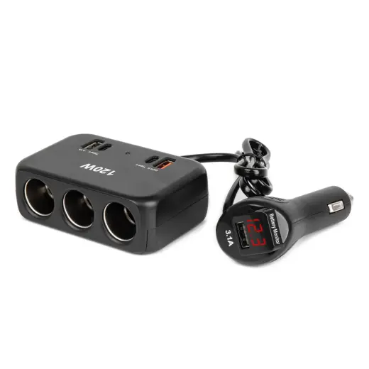 Triple extension socket charger with digital display 2x USB A 1x USB C QC 4.0 12/24V 120W 80cm AMIO-04366