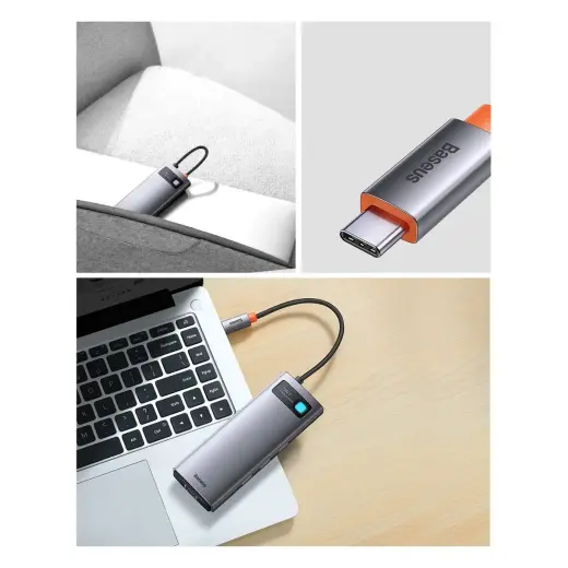 Hub 7in1 Baseus Metal Gleam Series, USB-C to 3x USB 3.0 + 2x HDMI + USB-C PD + Ethernet RJ45