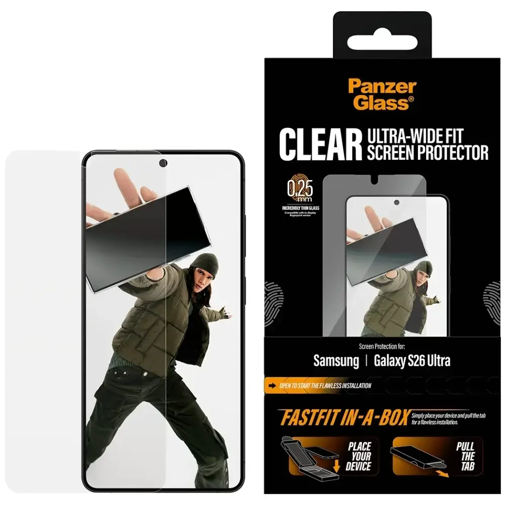 PanzerGlass Ultra-Wide Fit FastFit aizsargstikls telefona ekrānam Galaxy S26 Ultra ar uzstādīšanas rāmi