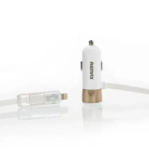 REMAX RCC-102 car charger | 17W | USB-A, Lightning | with 2 in 1 Micro USB, Lightning cable included | gold