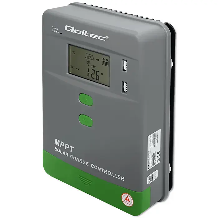 Qoltec Solar Charge Controller MPPT with Temperature Sensor 20A | 12V / 24V | LCD | 2 x USB | GEL | LiFePO4