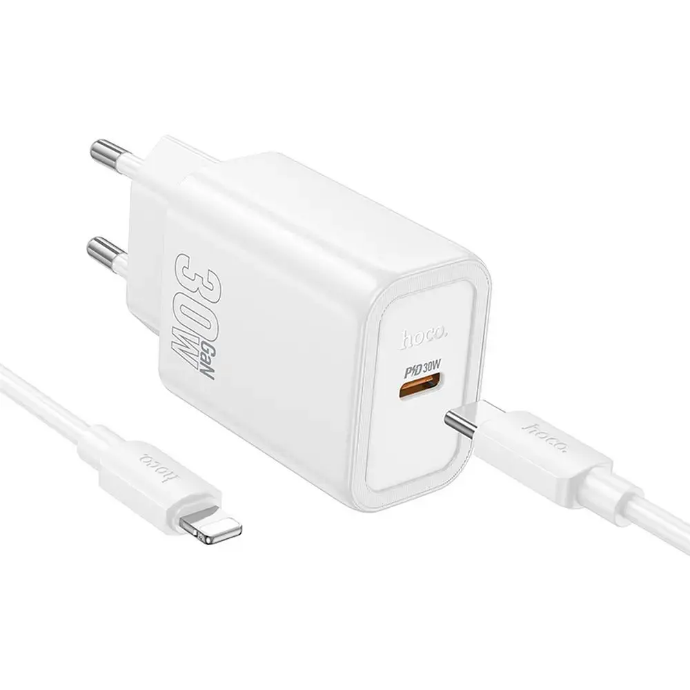 HOCO N62 travel charger | 30W | PD, QC | USB-C | with USB-C to Lightning cable included | white