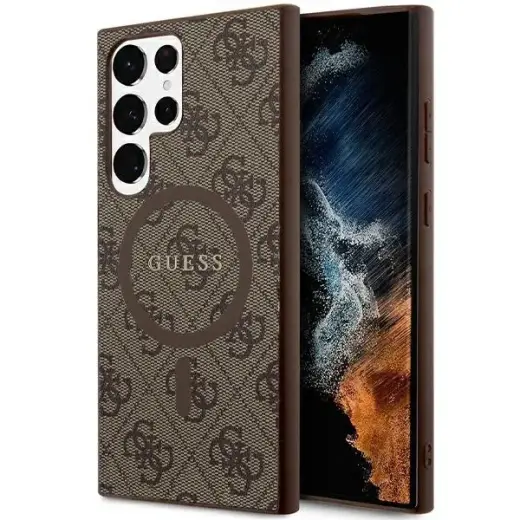 Guess 4G Collection Leather Metal Logo telefono dėklas su MagSafe palaikymu Samsung Galaxy S24 Ultra (S928) rudas