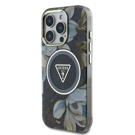 Guess IML Glitter Magnolia and Triangle Logo MagSafe Case for iPhone 16 Pro Max Black
