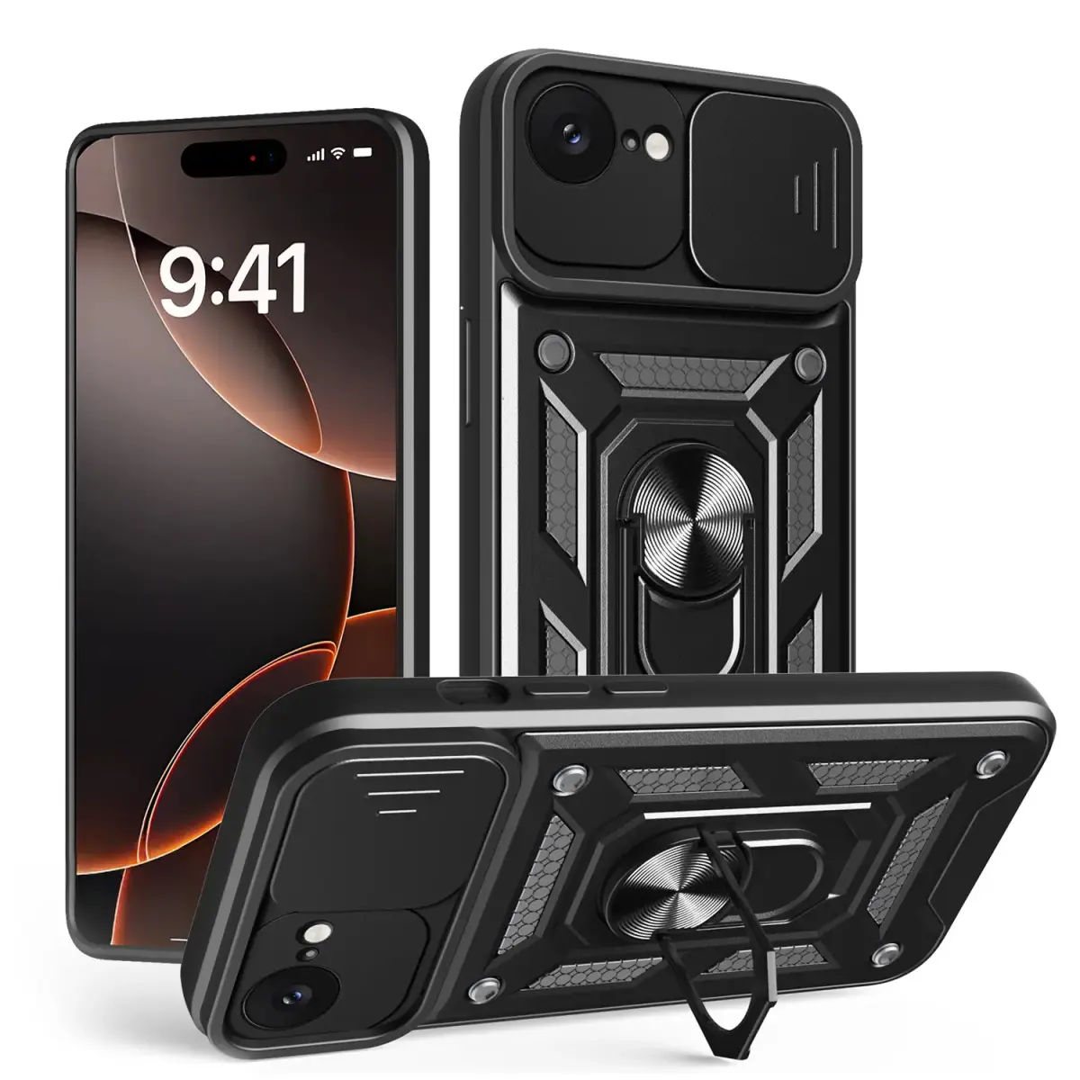 Defender Slide maciņš ar statīvu telefonam iPhone 16e melns (ar kameras aizsargu)