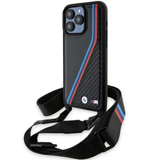 BMW BMHCP15L23PSVTK iPhone 15 Pro 6.1" czarny|black hardcase M Edition Carbon Tricolor Lines & Strap