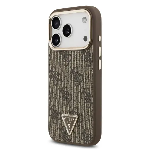 Guess 4G Strass Triangle Logo Gold Frame maciņš ar MagSafe atbalstu telefonam iPhone 18 Pro brūns