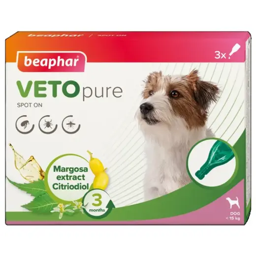 Pilieni pret blusām, ērcēm suņiem - Beaphar VETOPURE SPOT ON S-M DOG, 3 gab