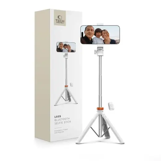 Tech-Protect L03S Bluetooth selfie stick with remote control, tripod up to 148cm and 180 head - white