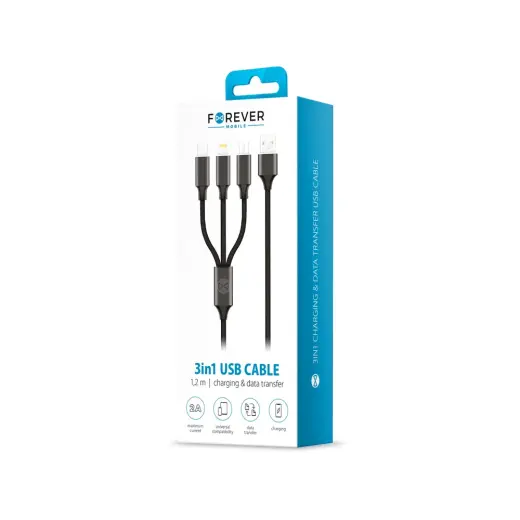 Forever 3-in-1 data transfer and charging cable | USB-A to Lightning, USB-C, Micro USB | 10W | 1m | black