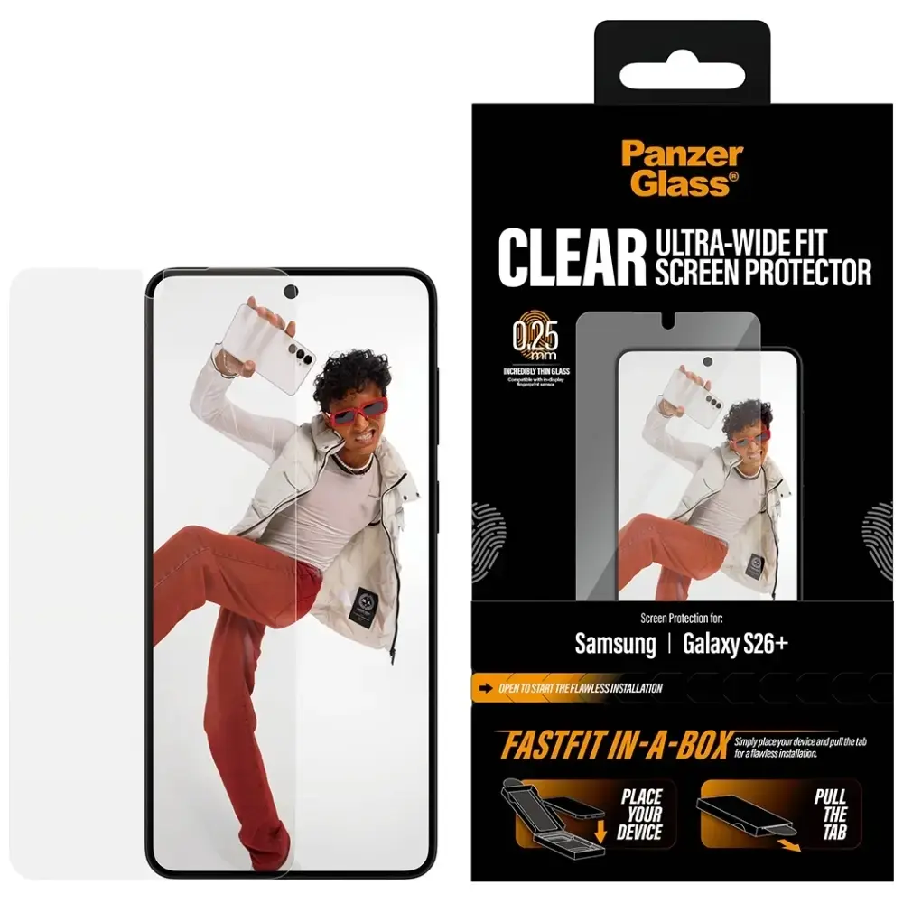 PanzerGlass Ultra-Wide Fit FastFit aizsargstikls telefona ekrānam Galaxy S26+ ar uzstādīšanas rāmi