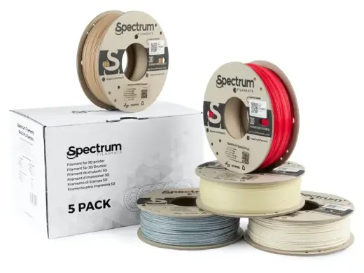 Filaments PLA special mix 5x0.25kg (Stone Age Light/Dark, Thermoactive Red, Glow in the Dark Green, WOOD Oak) Spectrum