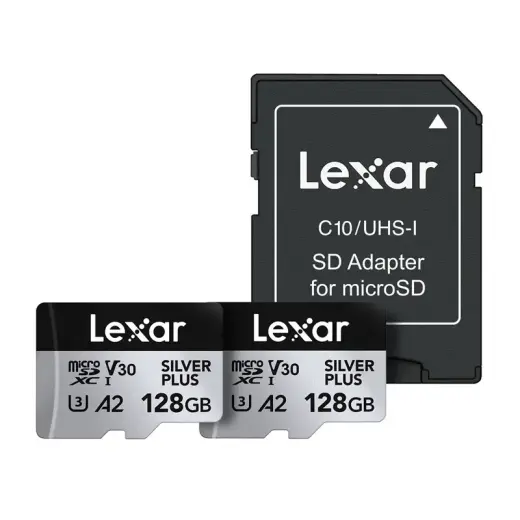 Set of 2 Lexar High-Performance Silver Plus microSDXC 2x128GB memory cards + adapter