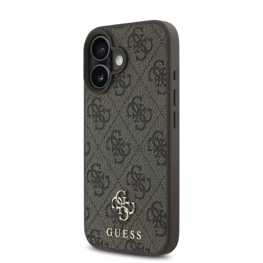 Guess PU 4G Small Metal Logo telefoni ümbris MagSafe toega iPhone 16 Plus pruun