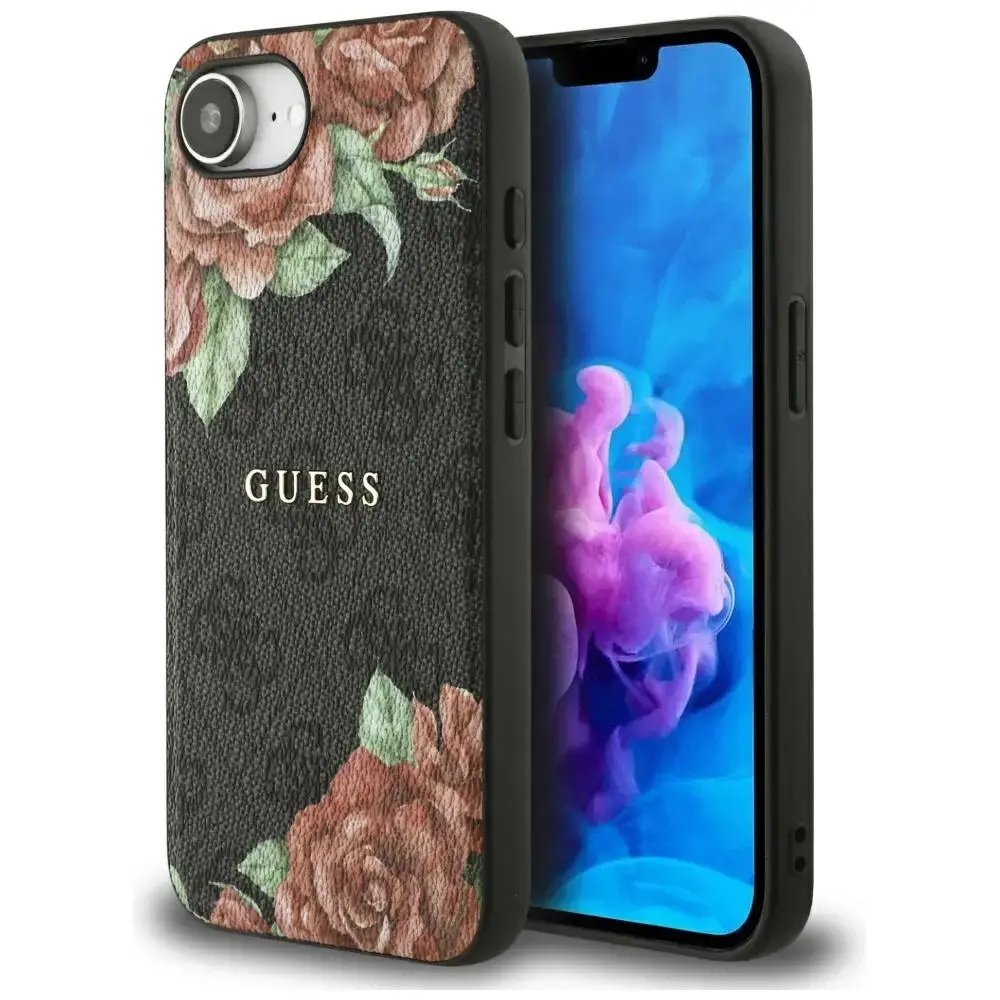 Guess Flowers Print telefona maciņš priekš iPhone 16e melns ar MagSafe